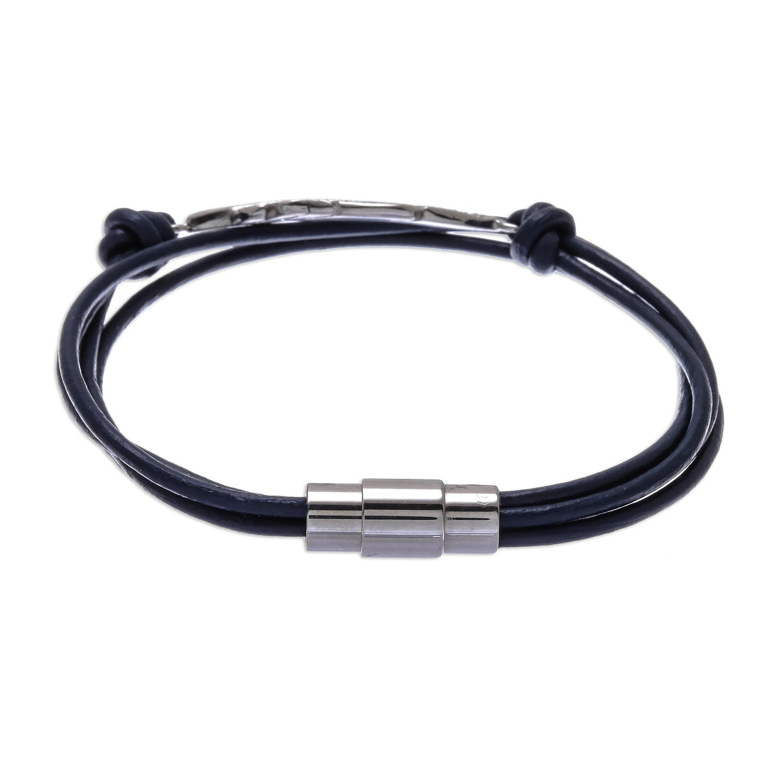 Stainless Steel and Navy Leather Feather Pendant Bracelet - Stunning Feather in Navy
