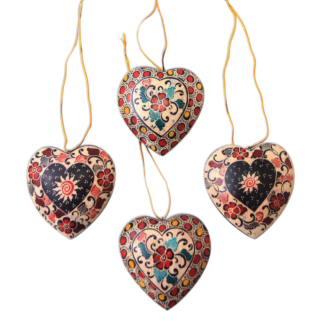 Floral Batik Wood Heart Ornaments from Java (Set of 4) - Heart Flowers