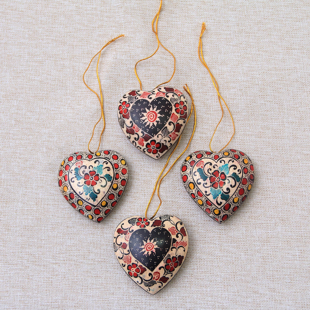 Floral Batik Wood Heart Ornaments from Java (Set of 4) - Heart Flowers