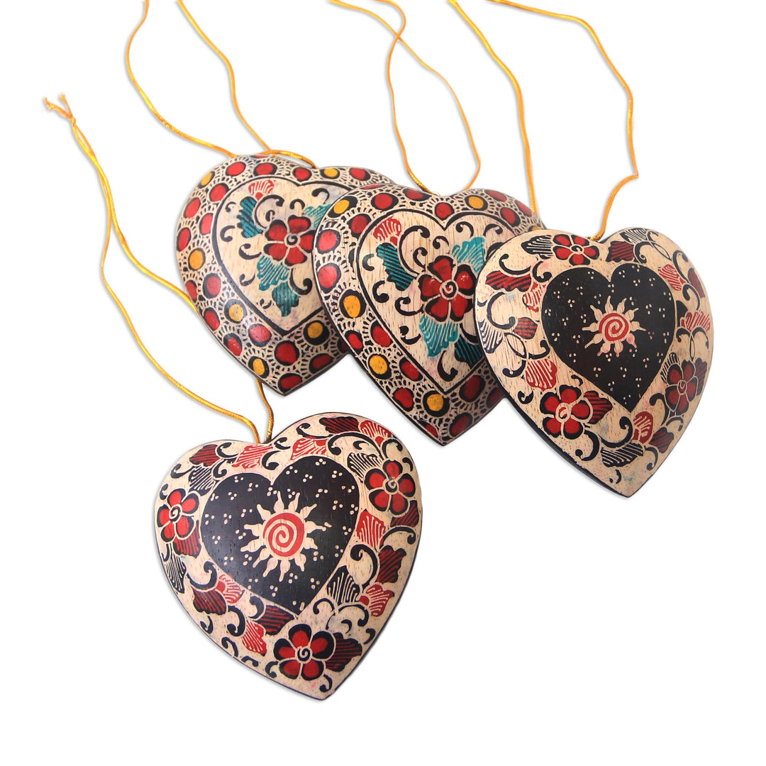 Floral Batik Wood Heart Ornaments from Java (Set of 4) - Heart Flowers