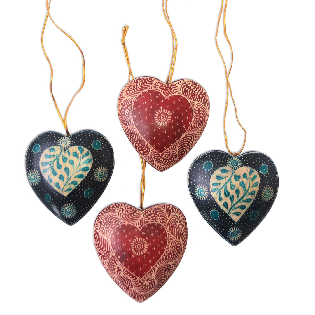 Leaf Motif Batik Wood Ornaments from Java (Set of 4) - Traditional Nature