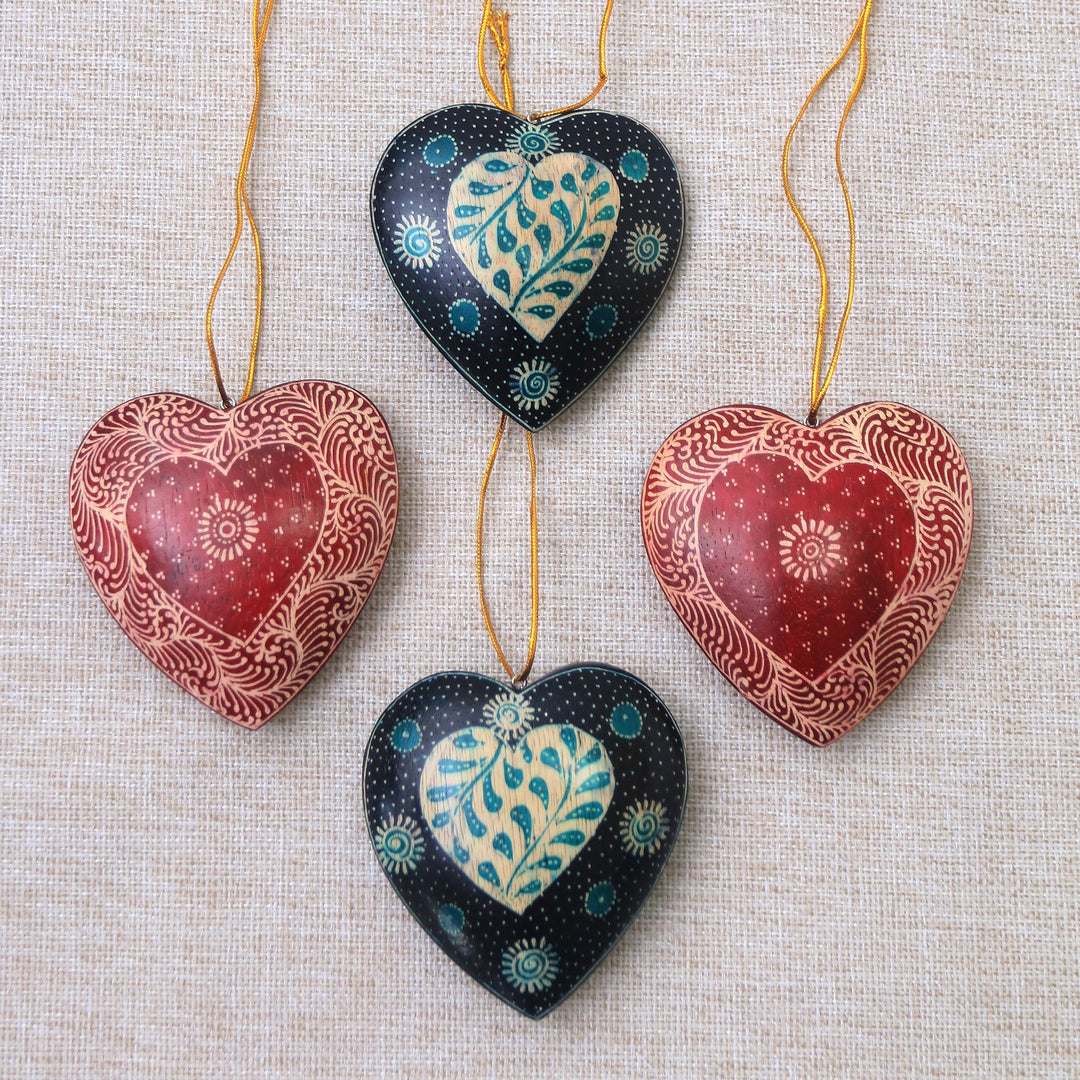 Leaf Motif Batik Wood Ornaments from Java (Set of 4) - Traditional Nature