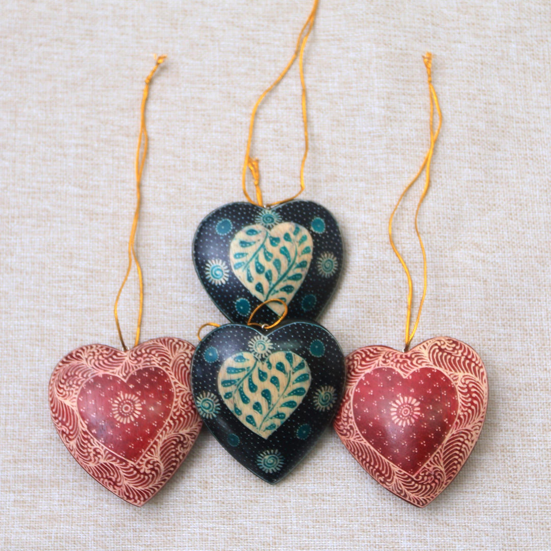 Leaf Motif Batik Wood Ornaments from Java (Set of 4) - Traditional Nature