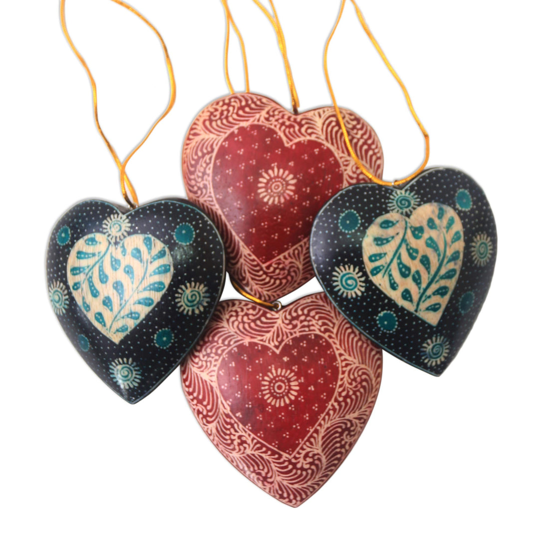 Leaf Motif Batik Wood Ornaments from Java (Set of 4) - Traditional Nature