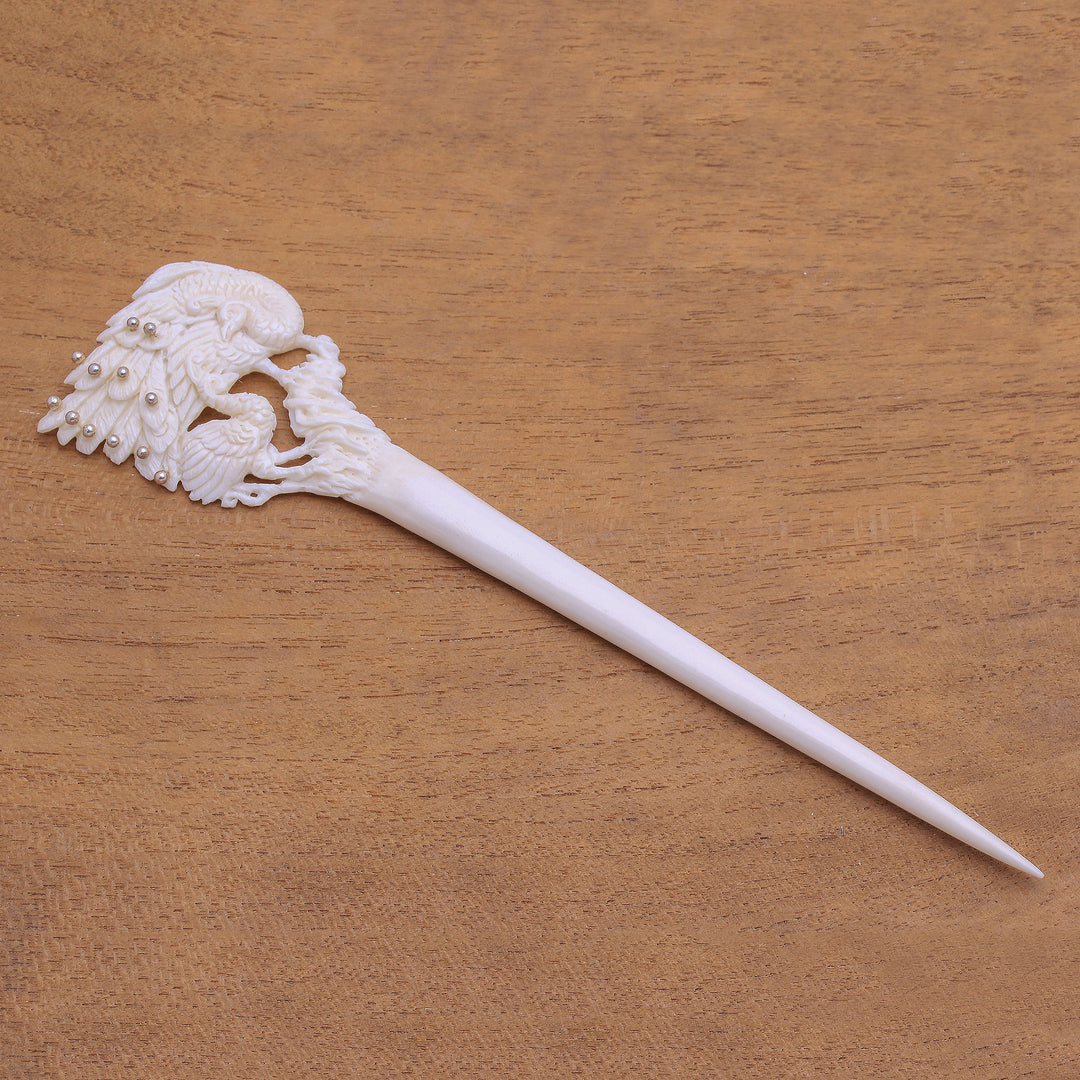 Bone and Sterling Silver Peacock Hair Pin from Bali - Peacock Love