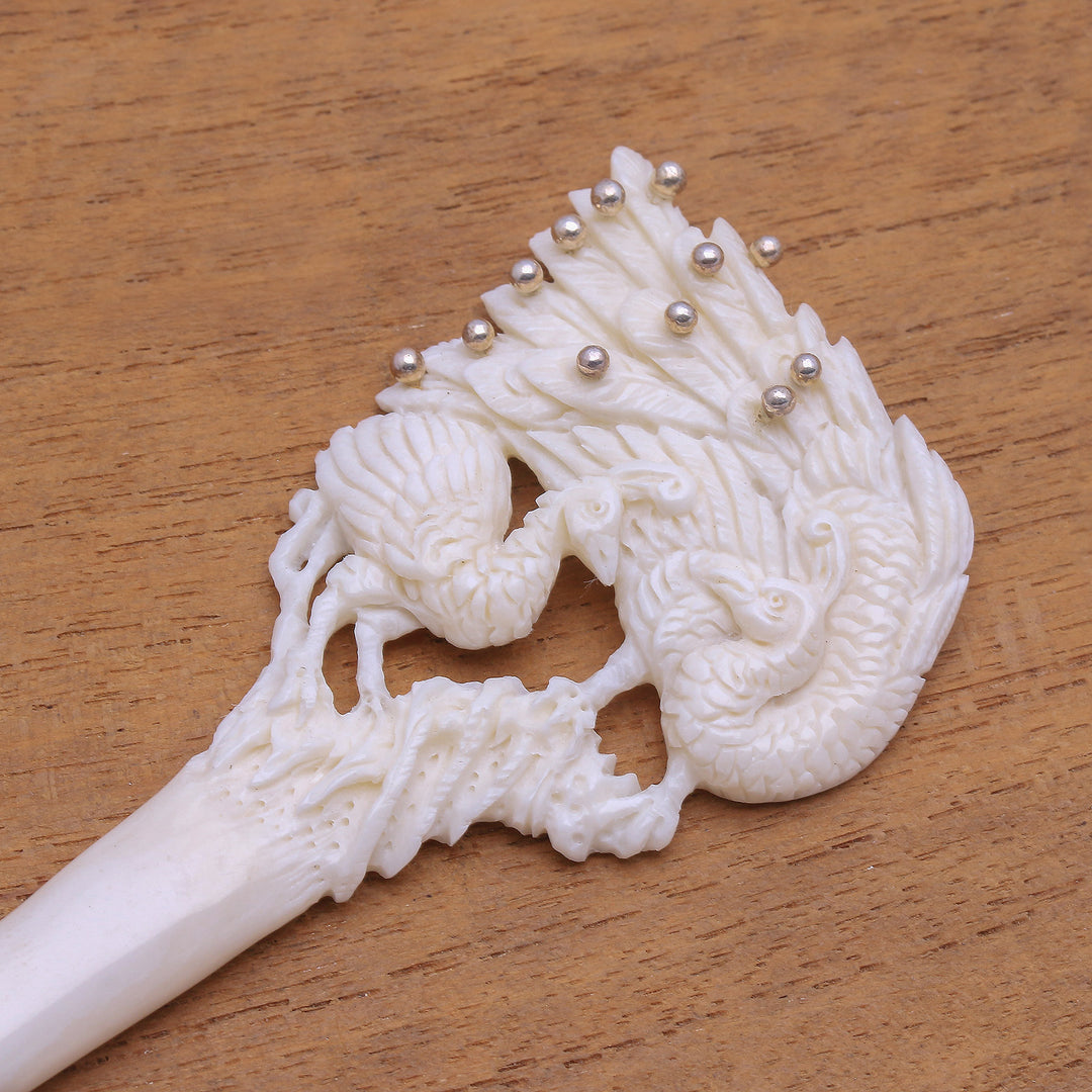 Bone and Sterling Silver Peacock Hair Pin from Bali - Peacock Love