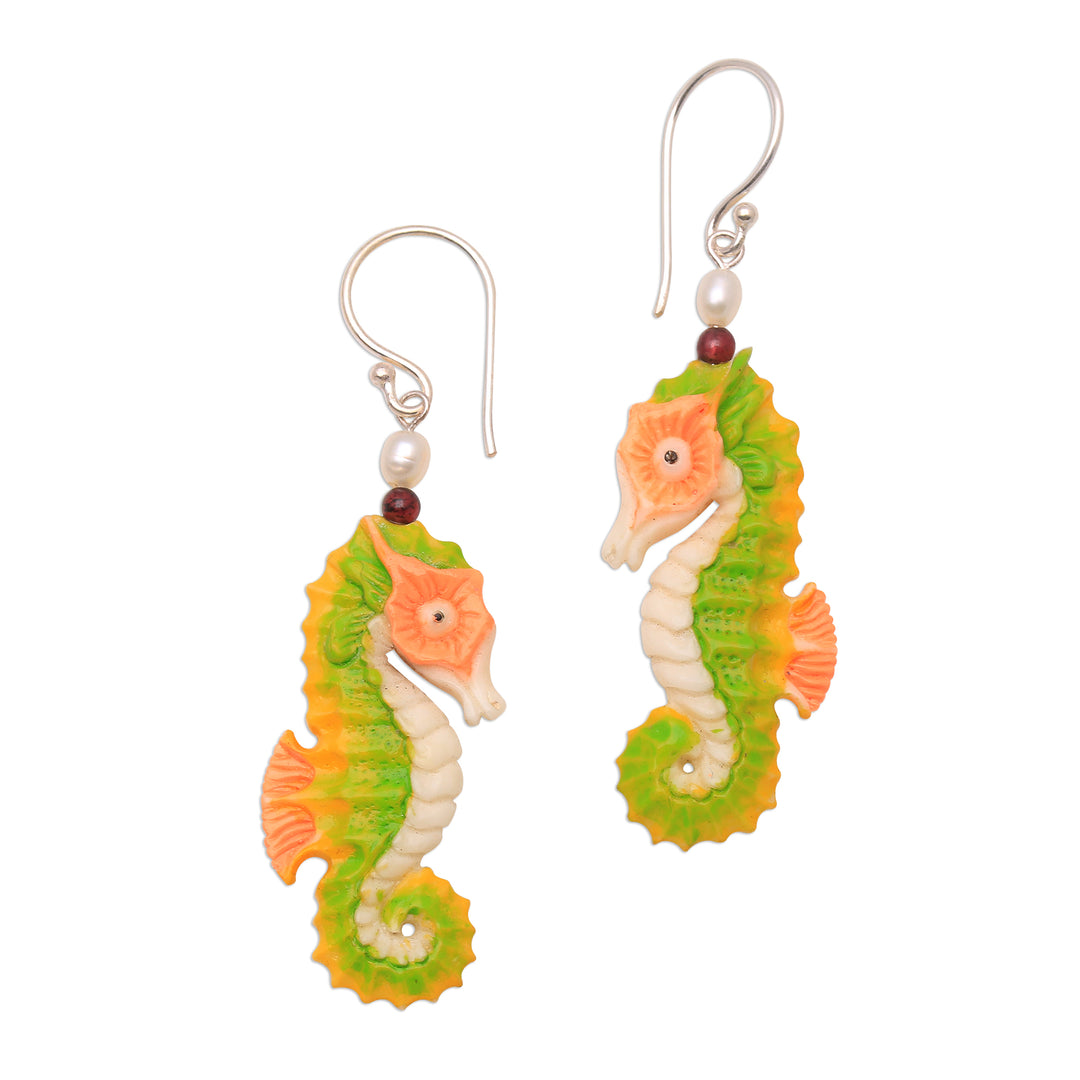 Bone Seahorse Dangle Earrings with Pearl and Amethyst - Happy Seahorses