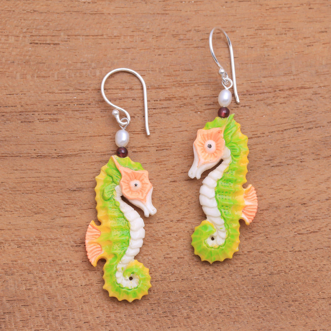 Bone Seahorse Dangle Earrings with Pearl and Amethyst - Happy Seahorses