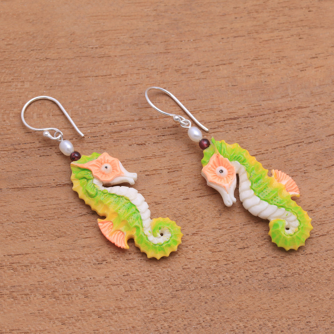 Bone Seahorse Dangle Earrings with Pearl and Amethyst - Happy Seahorses