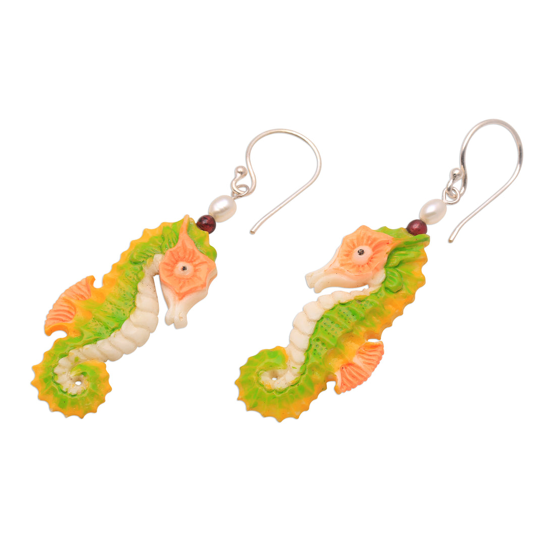 Bone Seahorse Dangle Earrings with Pearl and Amethyst - Happy Seahorses