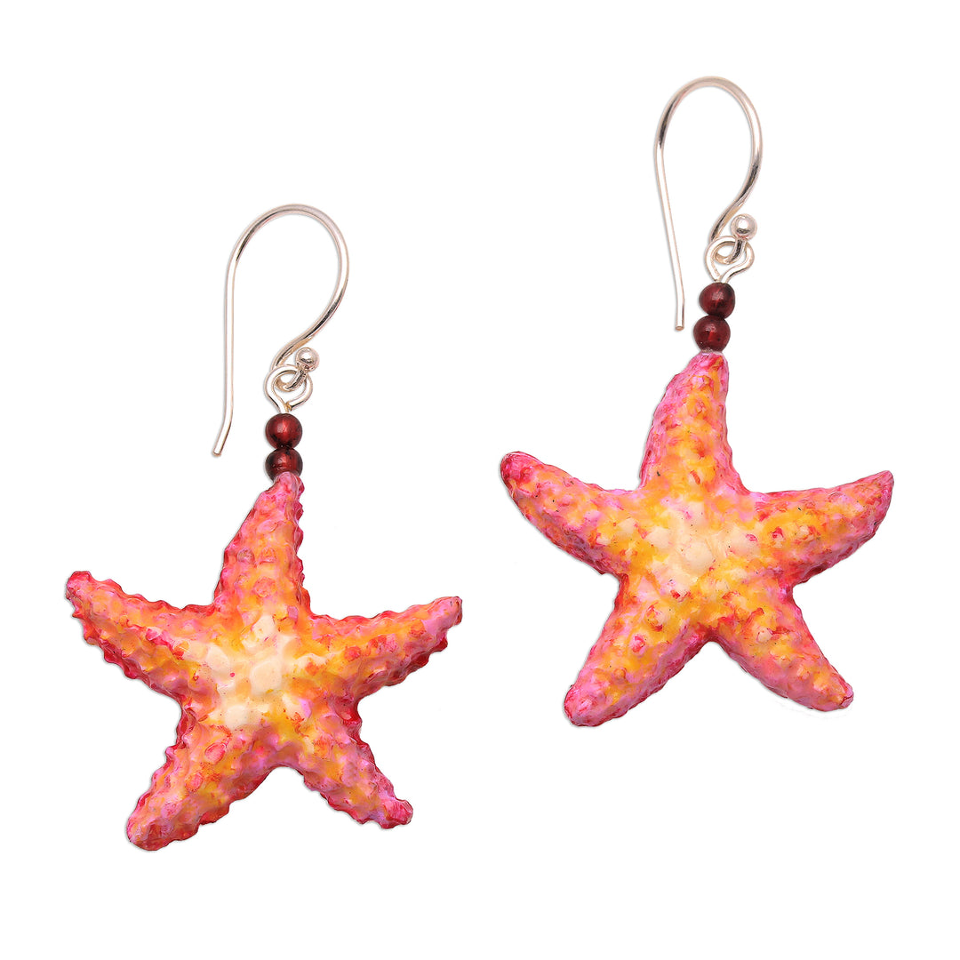 Hand-Painted Bone and Garnet Starfish Dangle Earrings - Happy Starfish