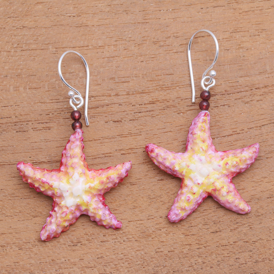 Hand-Painted Bone and Garnet Starfish Dangle Earrings - Happy Starfish