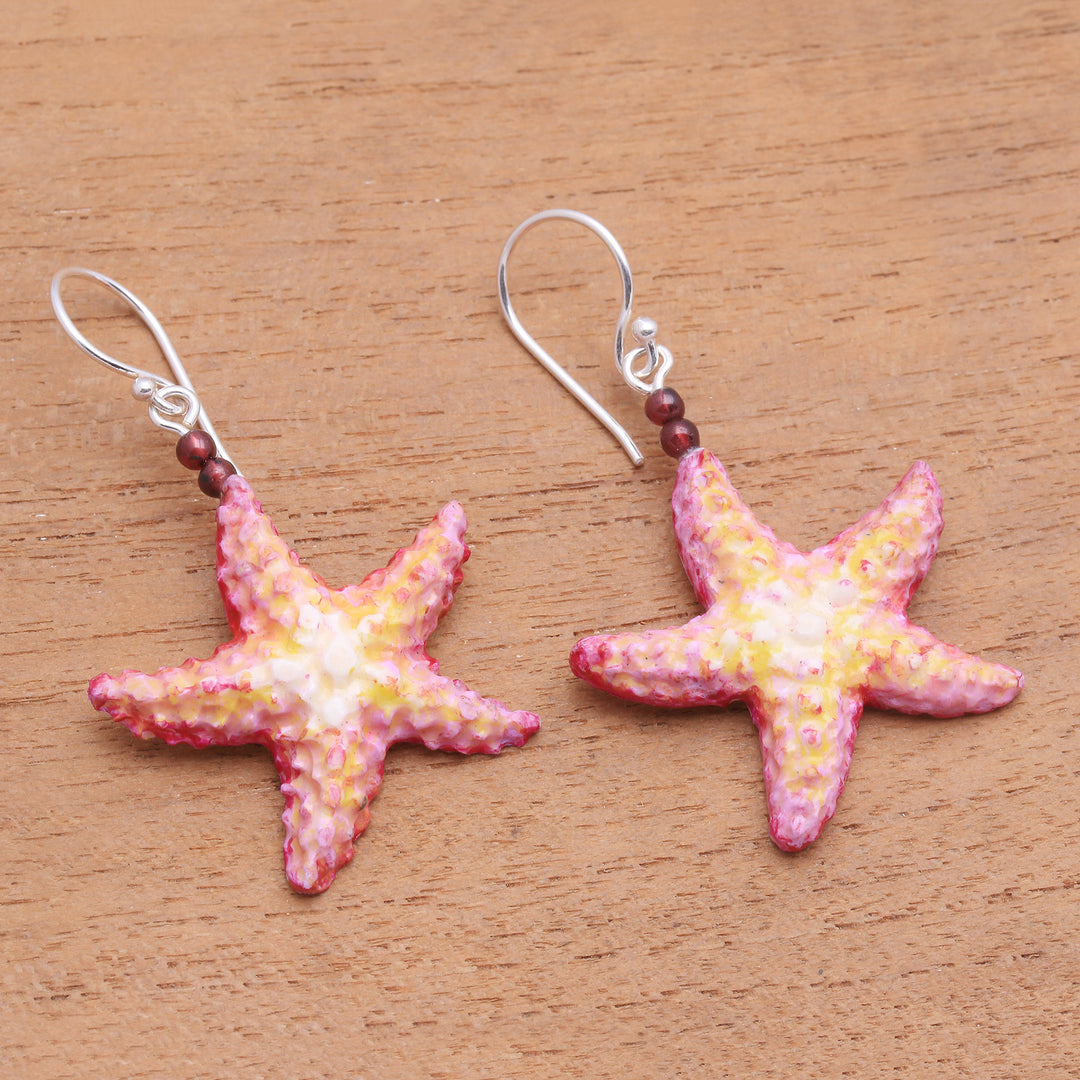 Hand-Painted Bone and Garnet Starfish Dangle Earrings - Happy Starfish