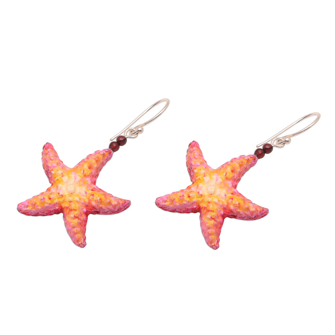 Hand-Painted Bone and Garnet Starfish Dangle Earrings - Happy Starfish