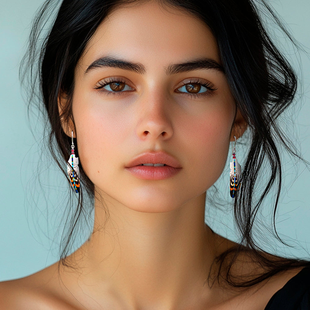 Hand-Painted Garnet Accent Feather Dangle Earrings - Antique Feathers