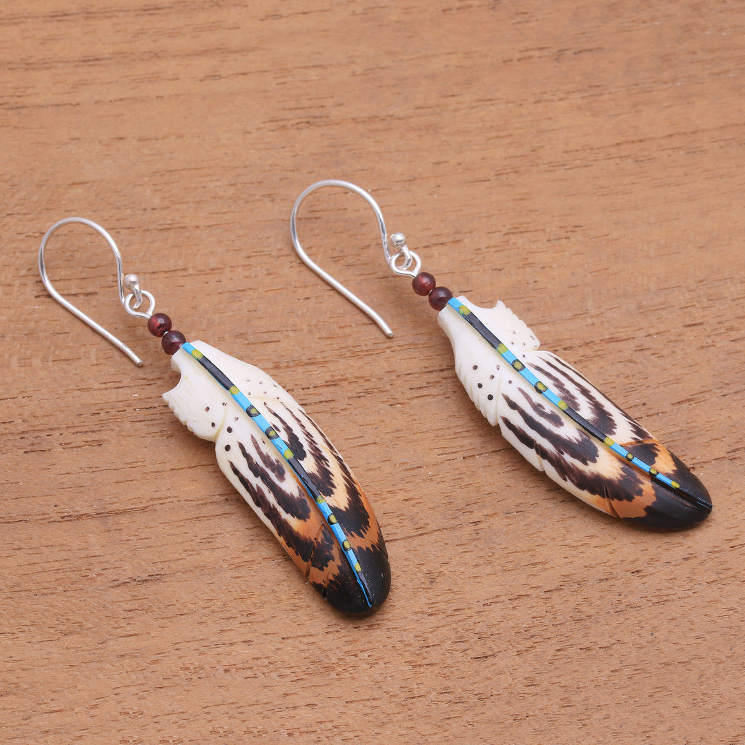 Hand-Painted Garnet Accent Feather Dangle Earrings - Antique Feathers
