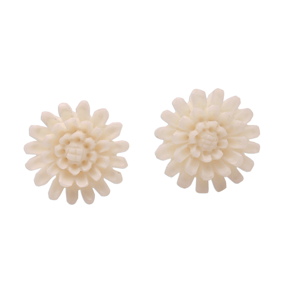 Hand-Carved Bone Lotus Flower Button Earrings from Bali - Fantastic Padma