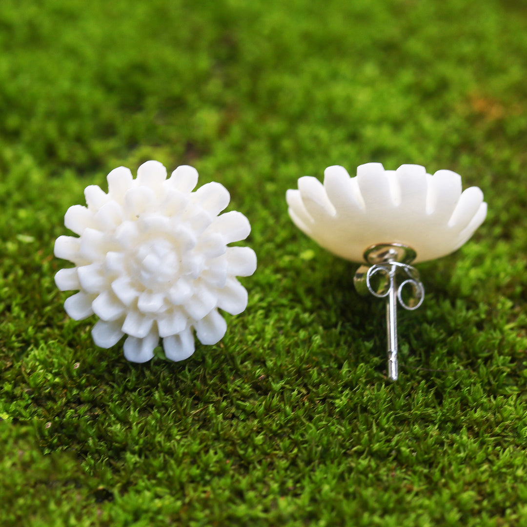 Hand-Carved Bone Lotus Flower Button Earrings from Bali - Fantastic Padma