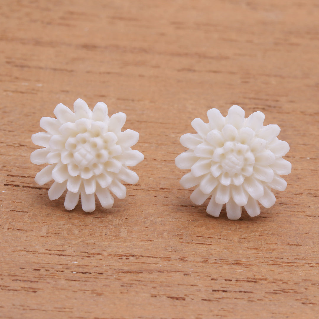 Hand-Carved Bone Lotus Flower Button Earrings from Bali - Fantastic Padma