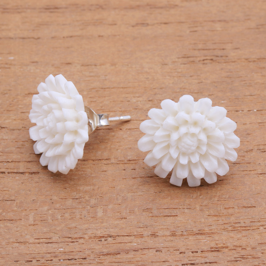 Hand-Carved Bone Lotus Flower Button Earrings from Bali - Fantastic Padma