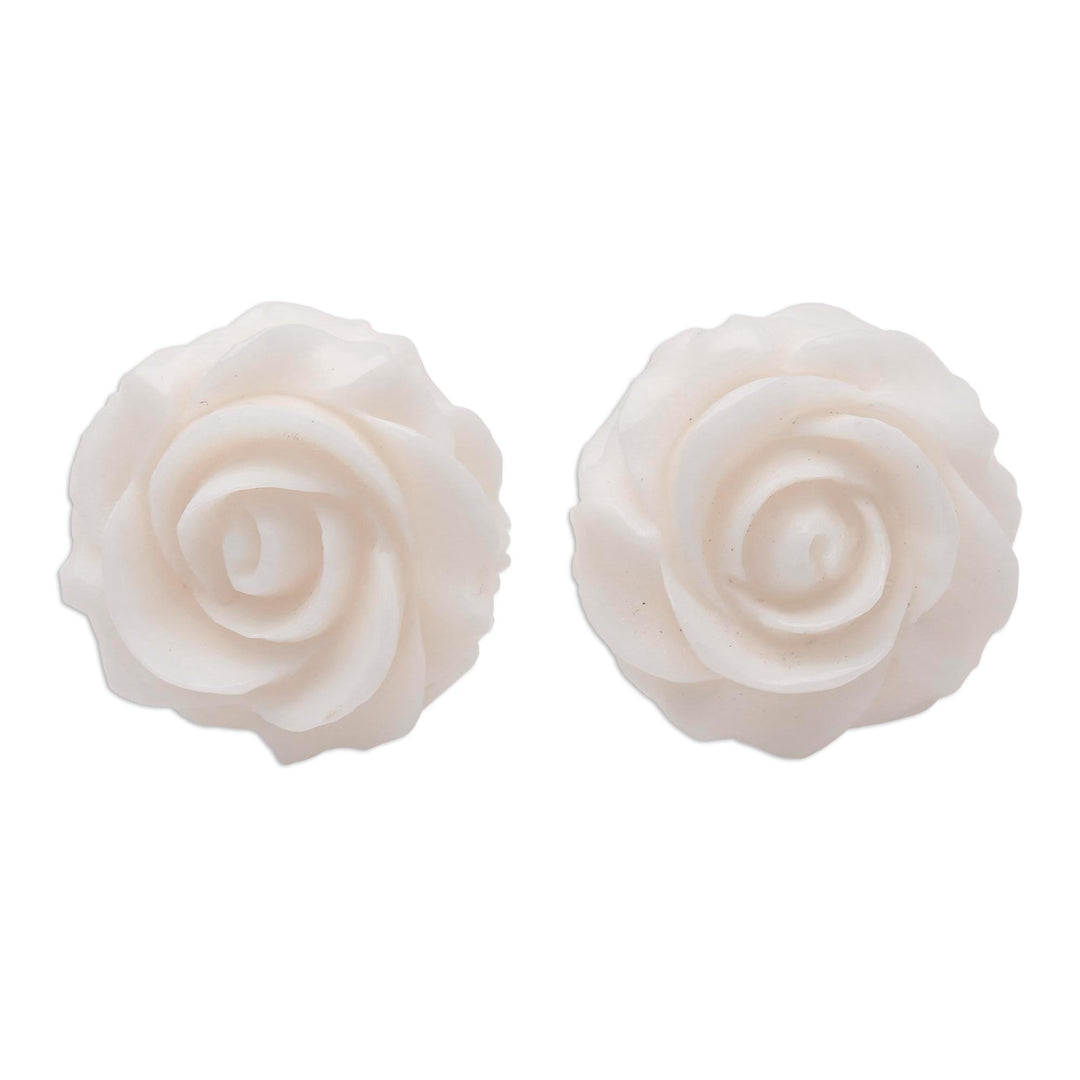 Hand-Carved Bone Rose Button Earrings from Bali - Fascinating Roses