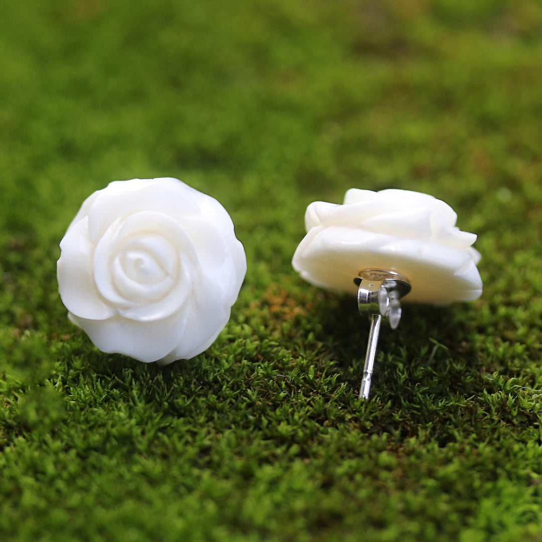 Hand-Carved Bone Rose Button Earrings from Bali - Fascinating Roses