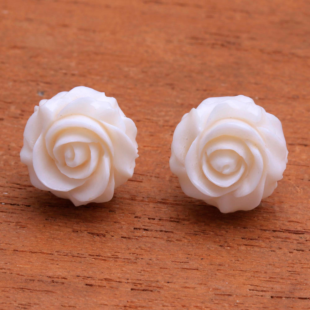 Hand-Carved Bone Rose Button Earrings from Bali - Fascinating Roses