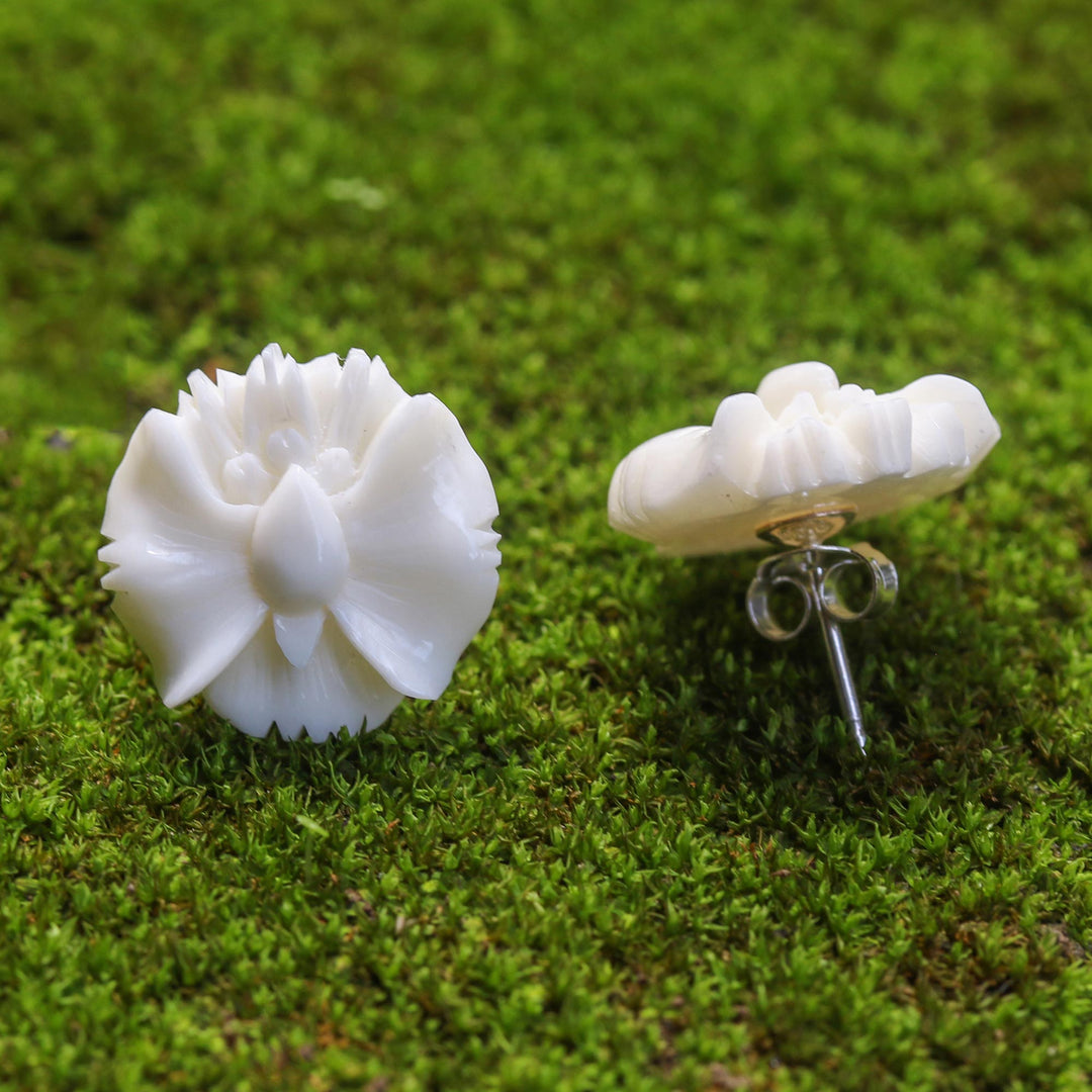 Hand-Carved Bone Orchid Button Earrings from Bali - Fantastic Orchids