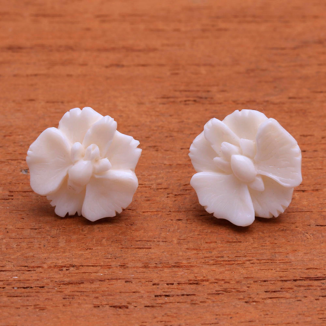 Hand-Carved Bone Orchid Button Earrings from Bali - Fantastic Orchids