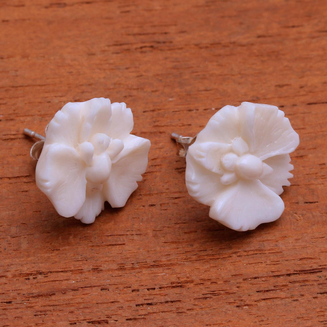 Hand-Carved Bone Orchid Button Earrings from Bali - Fantastic Orchids