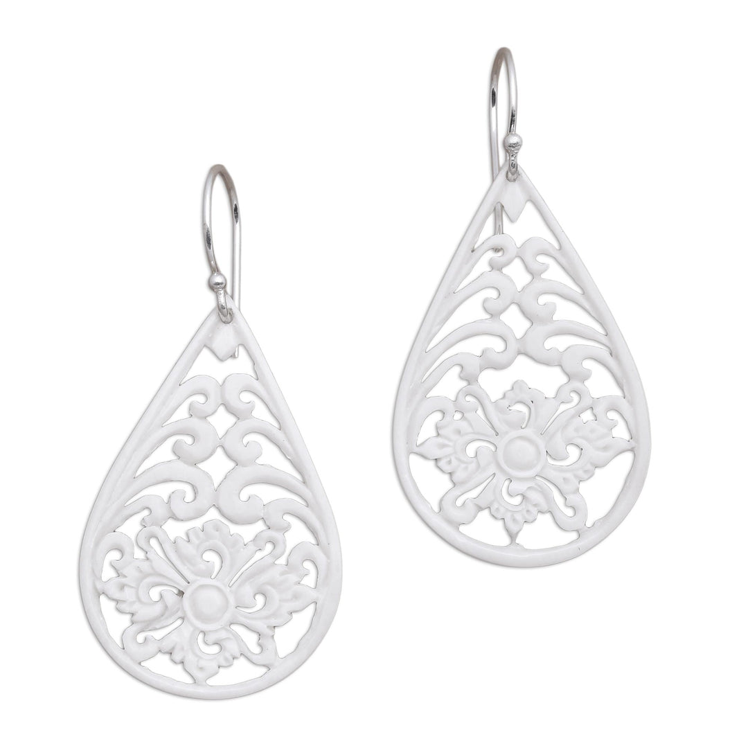 Bone Dangle Earrings with Intricate Openwork from Bali - Bali Pride