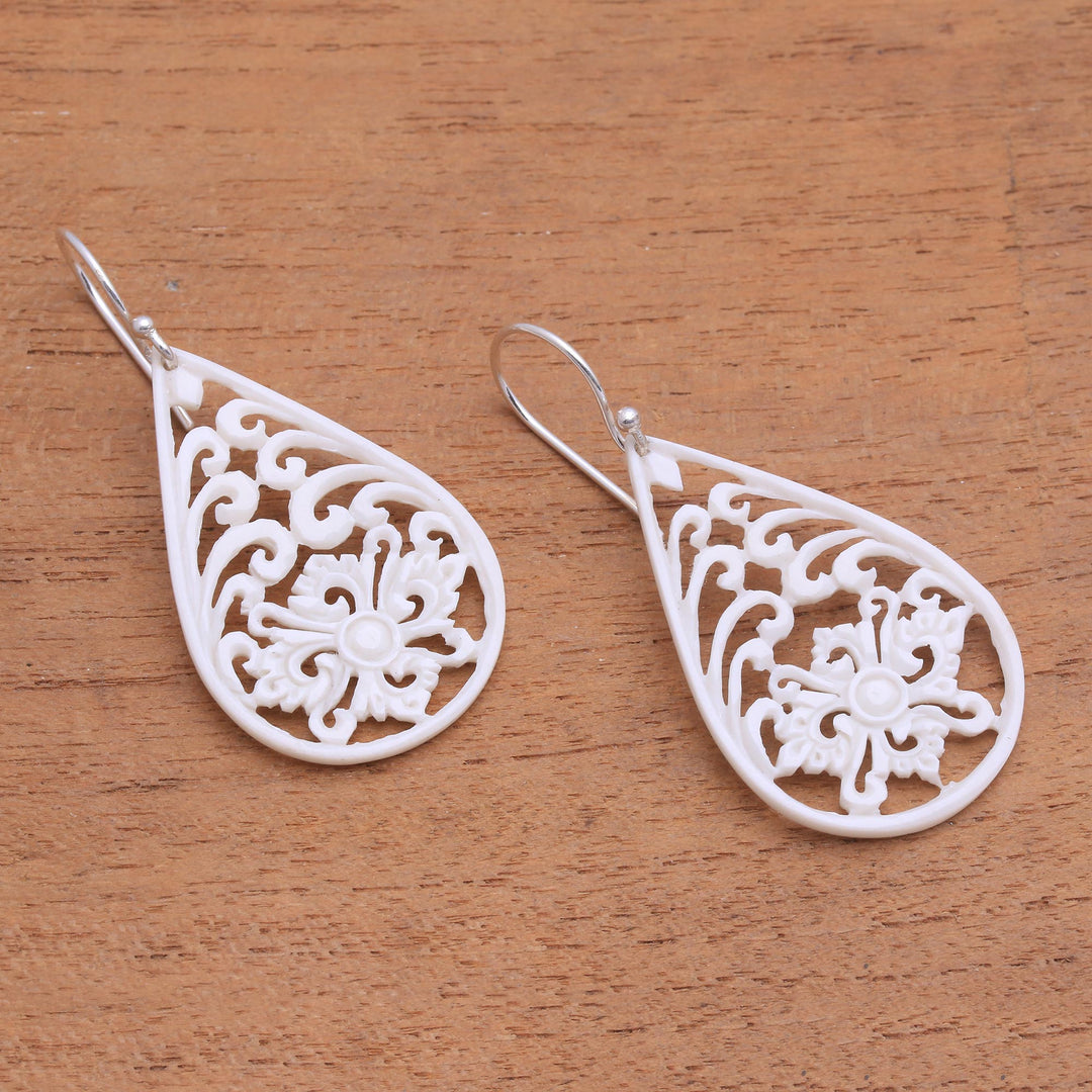 Bone Dangle Earrings with Intricate Openwork from Bali - Bali Pride