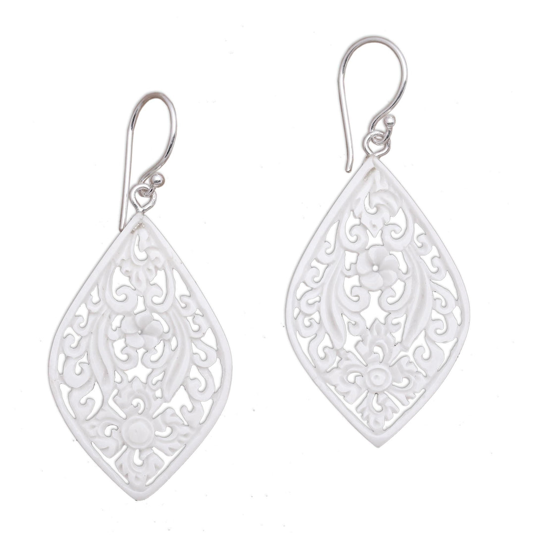 Hand-Carved Floral Bone Dangle Earrings from Bali - Bali Windows