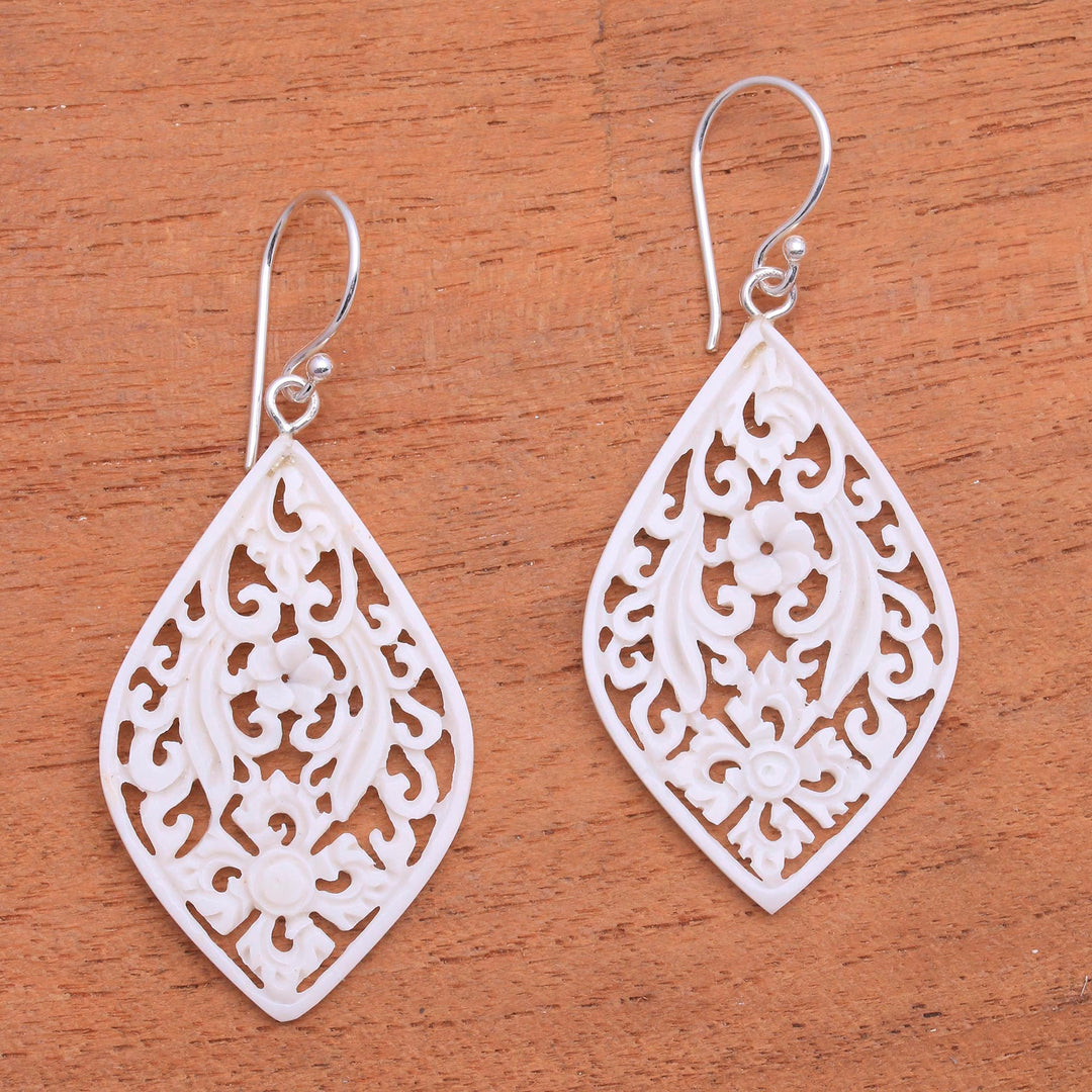 Hand-Carved Floral Bone Dangle Earrings from Bali - Bali Windows