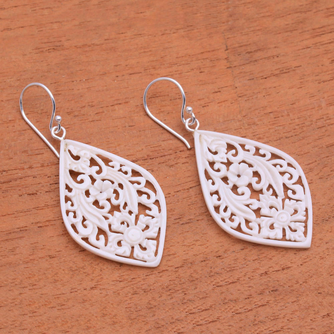 Hand-Carved Floral Bone Dangle Earrings from Bali - Bali Windows