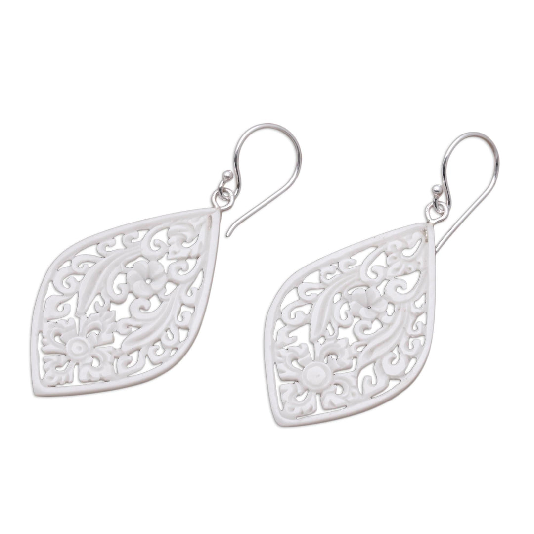 Hand-Carved Floral Bone Dangle Earrings from Bali - Bali Windows