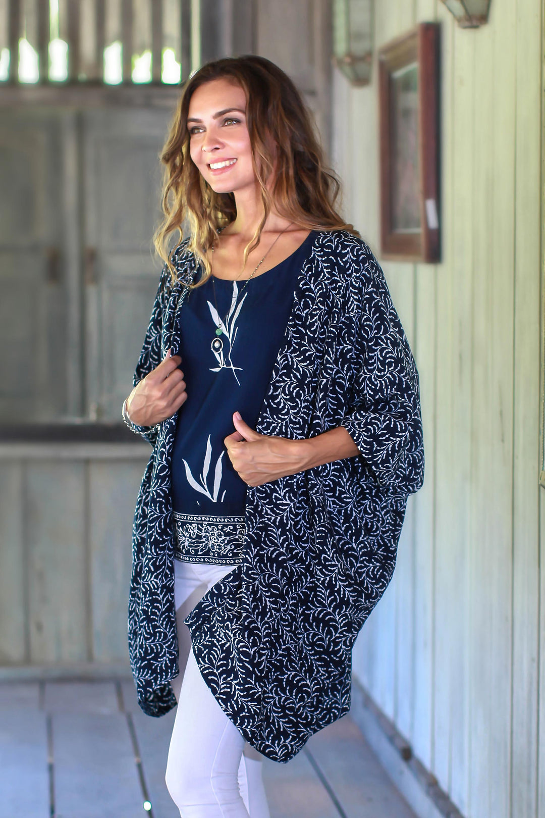 Batik Rayon Kimono Jacket in Midnight and White from Bali - Many Leaves