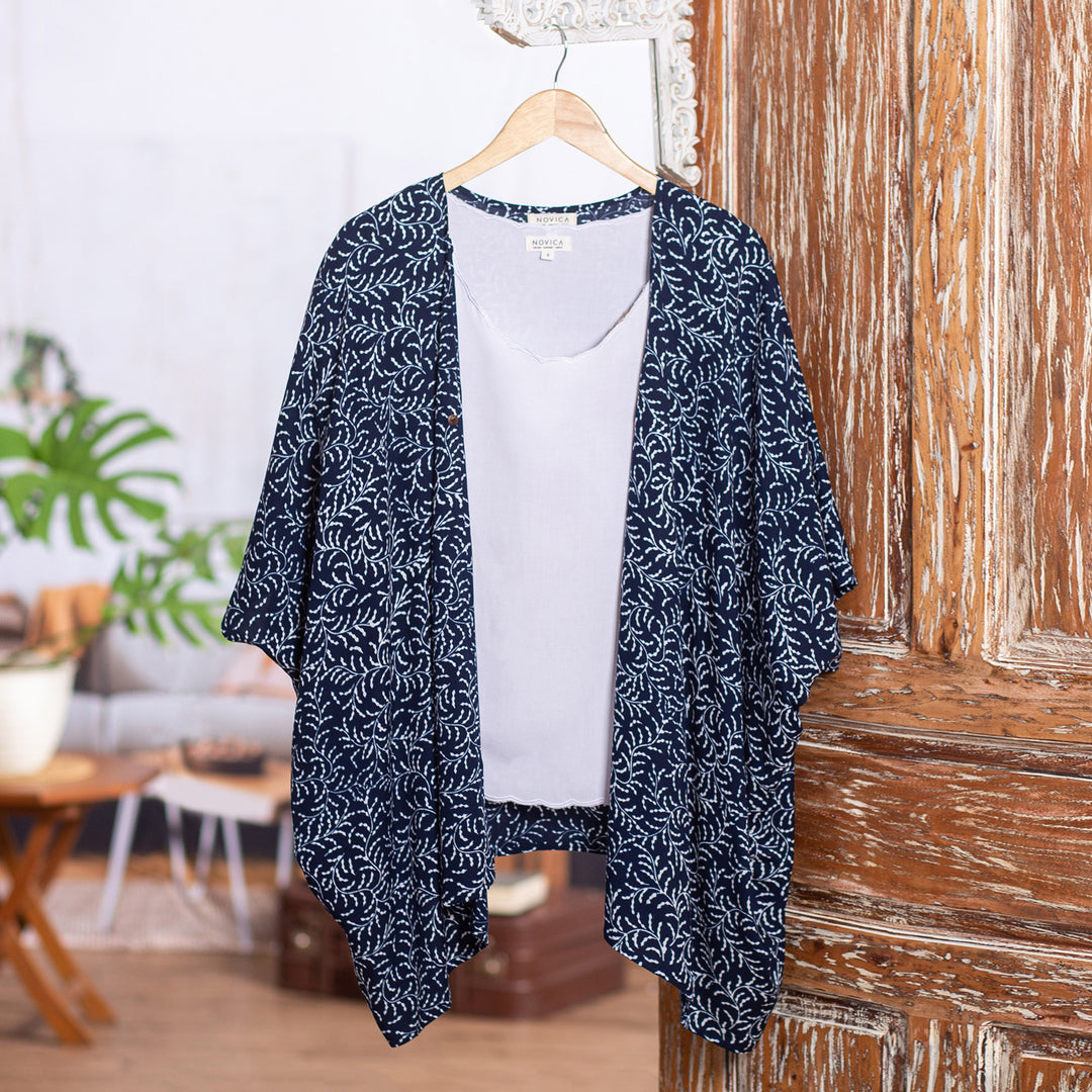 Batik Rayon Kimono Jacket in Midnight and White from Bali - Many Leaves