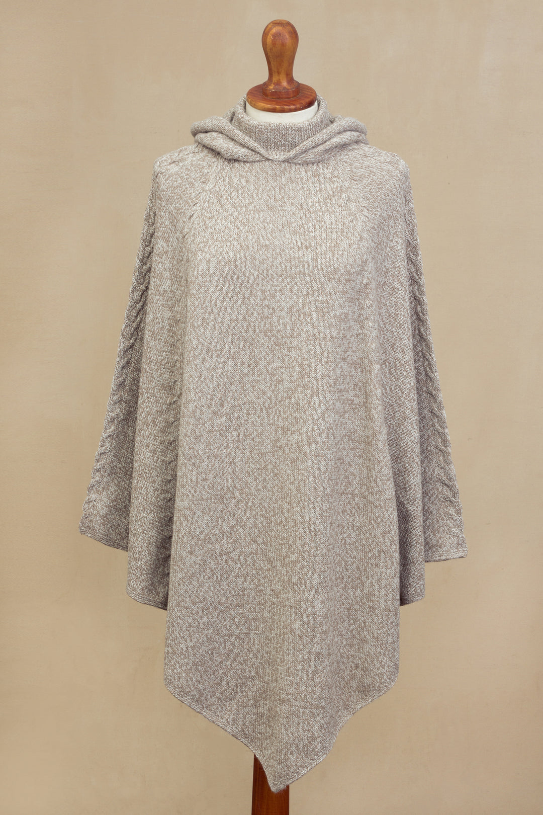 Knit Alpaca Blend Hooded Poncho in Taupe from Peru - Adventurous Style in Taupe