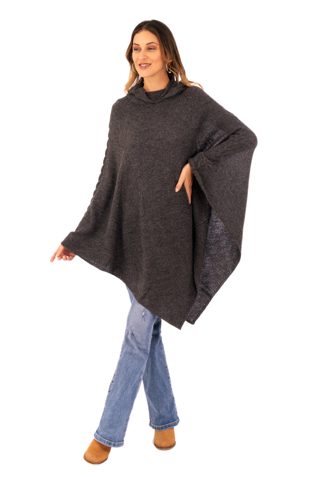 Knit Alpaca Blend Hooded Poncho in Graphite from Peru - Adventurous Style in Slate