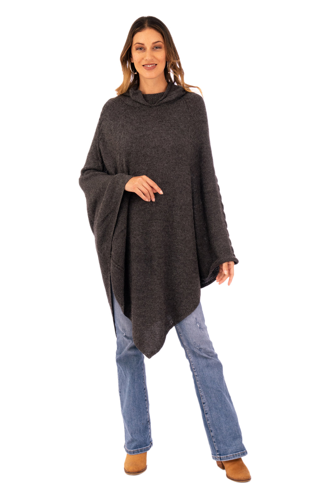 Knit Alpaca Blend Hooded Poncho in Graphite from Peru - Adventurous Style in Slate