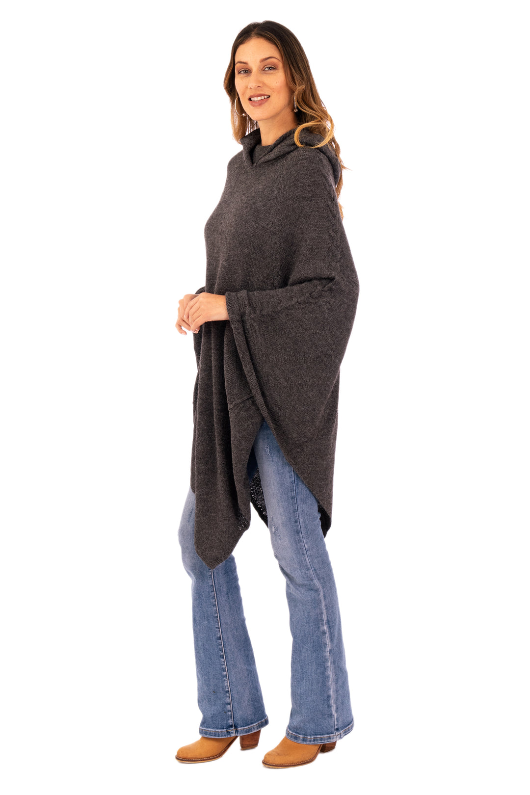 Knit Alpaca Blend Hooded Poncho in Graphite from Peru - Adventurous Style in Slate