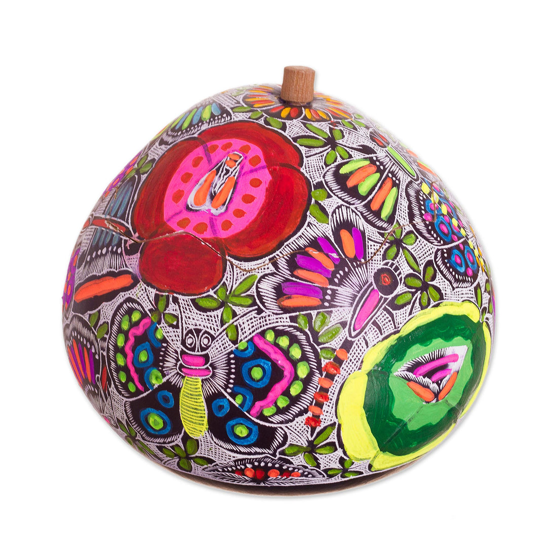 Floral and Butterfly Motif Gourd Decorative Jar from Peru - Garden of the Butterflies