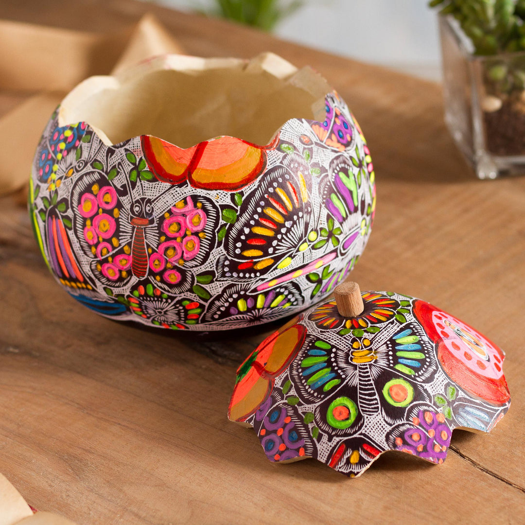 Floral and Butterfly Motif Gourd Decorative Jar from Peru - Garden of the Butterflies