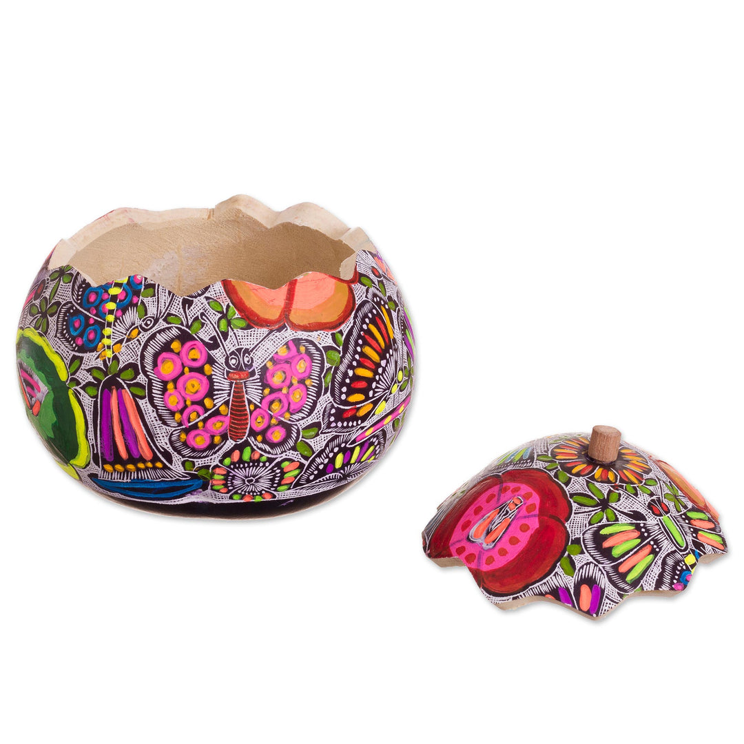 Floral and Butterfly Motif Gourd Decorative Jar from Peru - Garden of the Butterflies