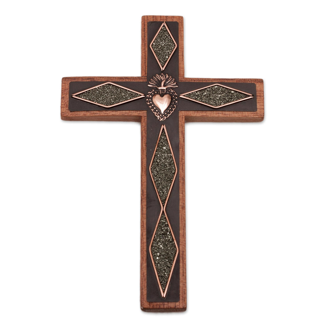 Copper and Wood Wall Cross with Pyrite Accents from Peru - Faith Glitters