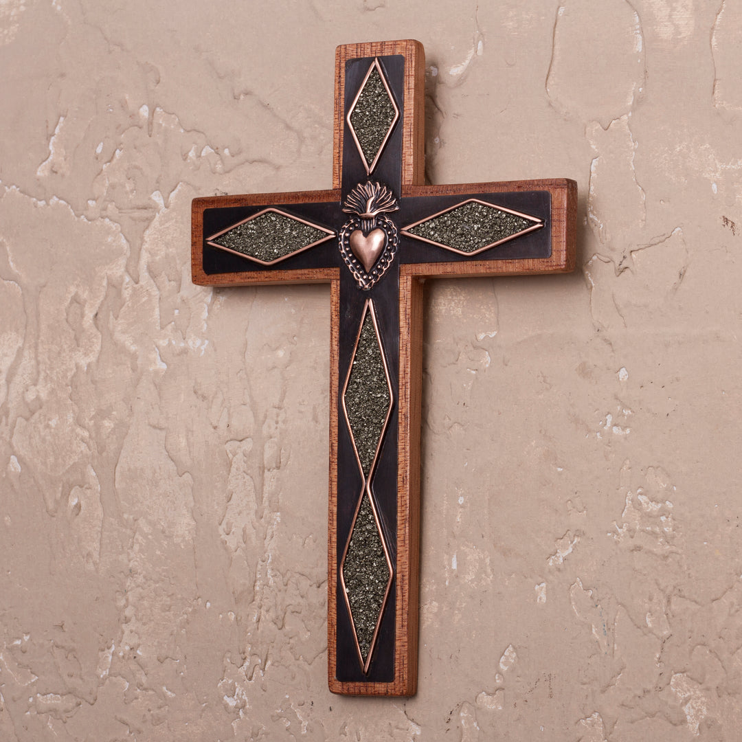 Copper and Wood Wall Cross with Pyrite Accents from Peru - Faith Glitters