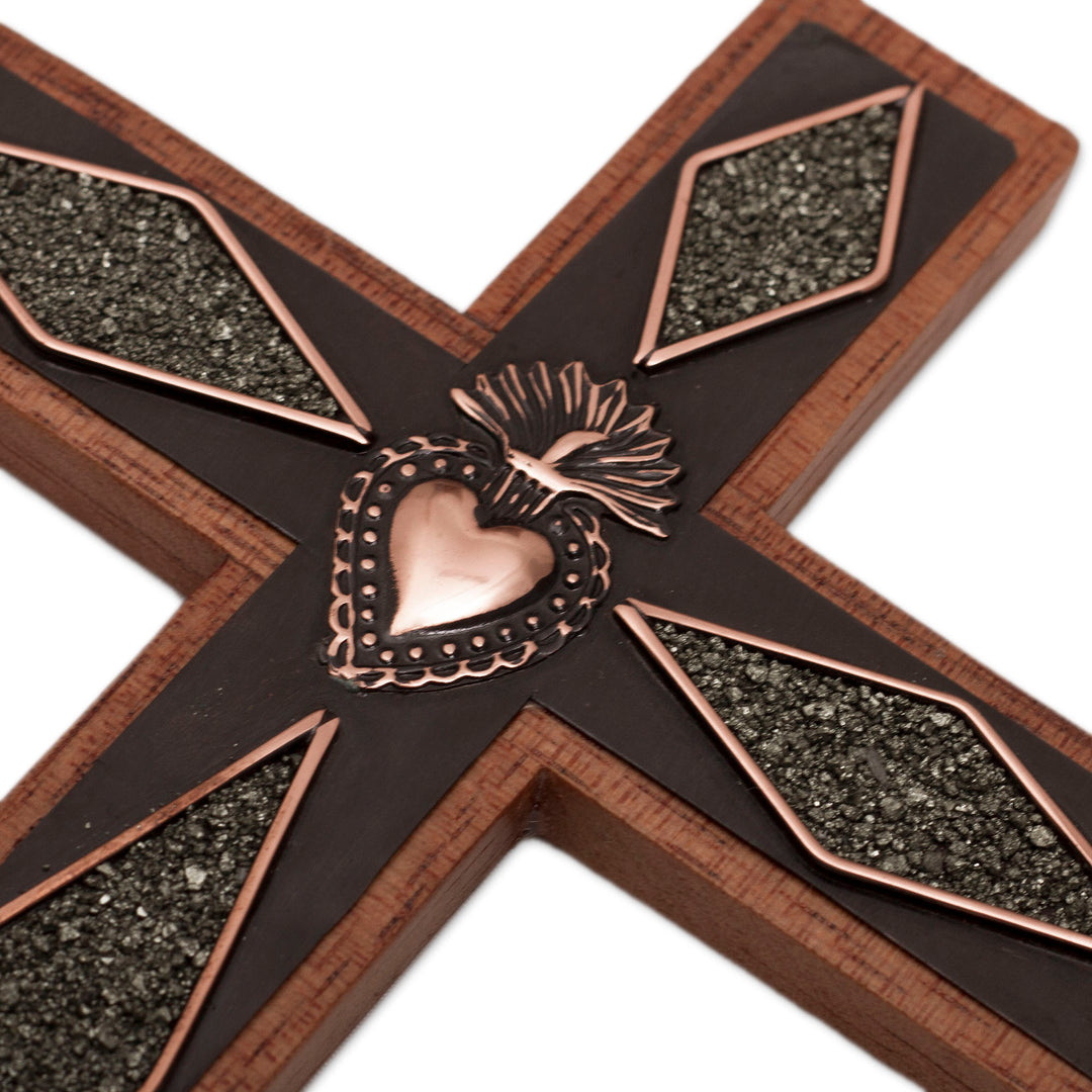 Copper and Wood Wall Cross with Pyrite Accents from Peru - Faith Glitters
