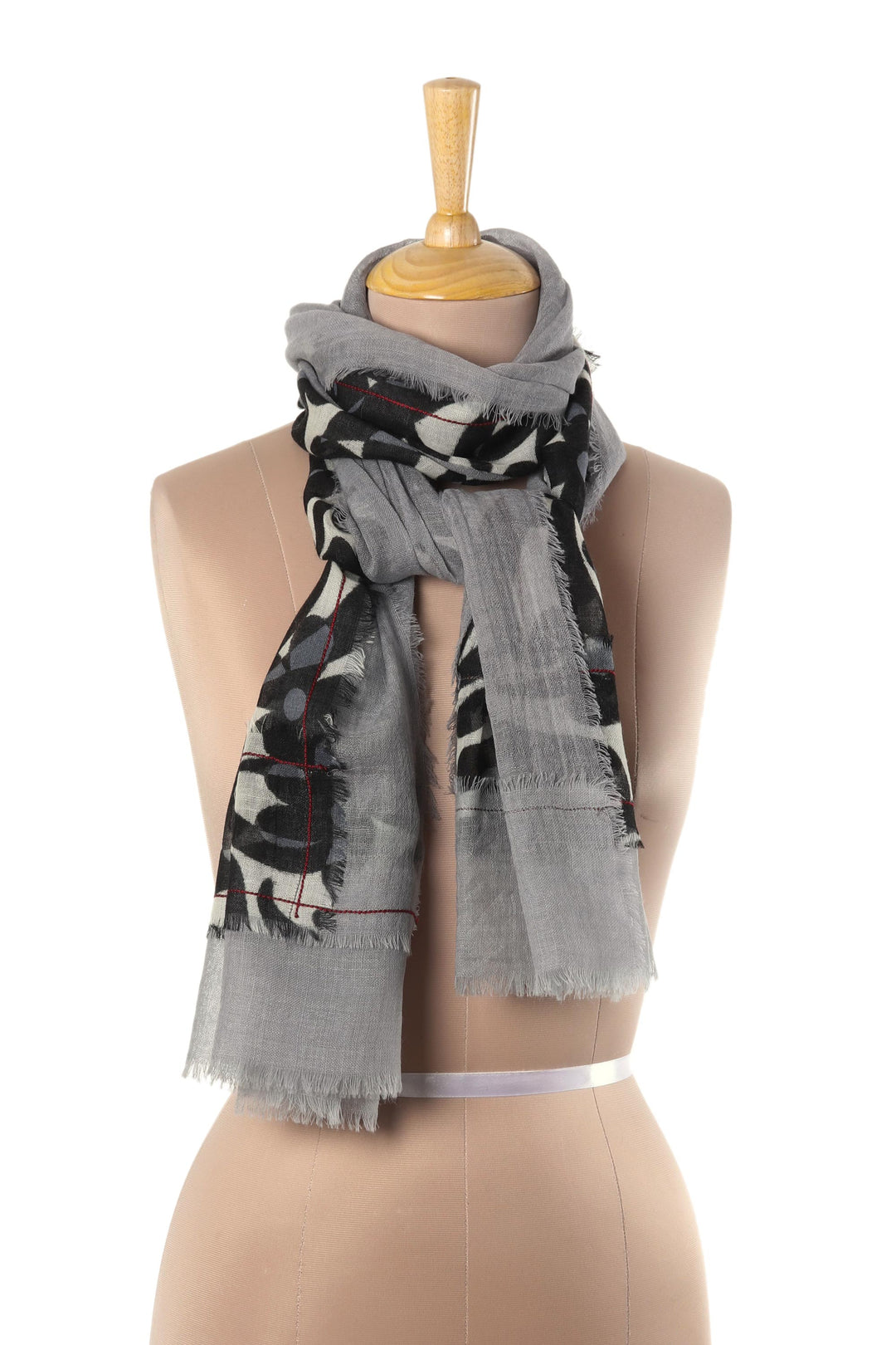 Printed Floral Wool Shawl in Ash from India - Floral Frame