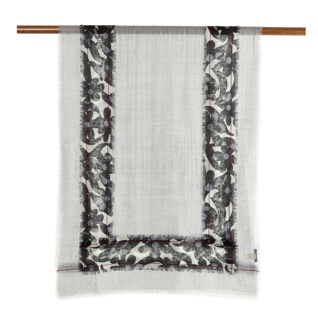 Printed Floral Wool Shawl in Ash from India - Floral Frame